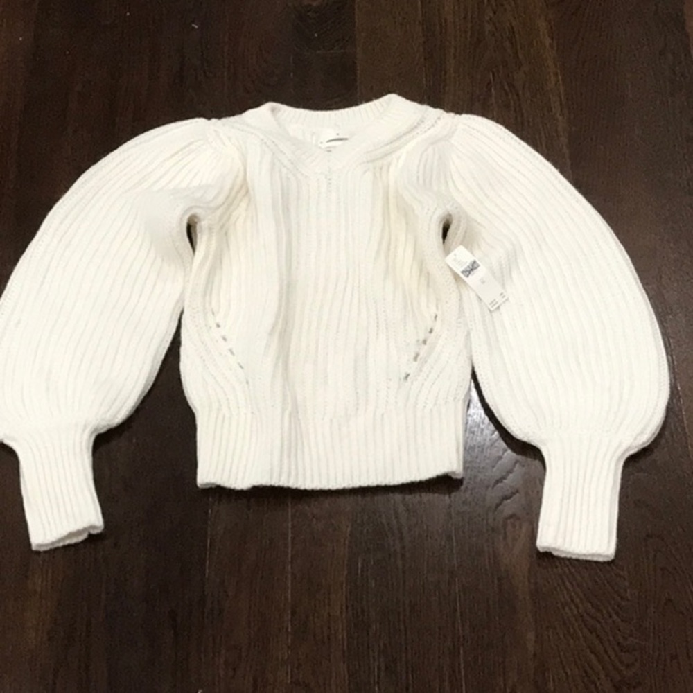 NWT Anthropologies Ivory Ribbed Pullover Balloon Sleeve Sweater XS Z269-6